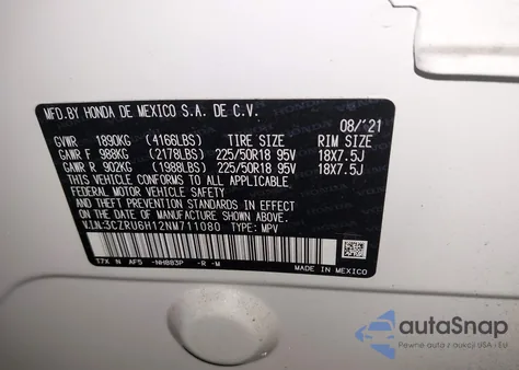 2022 Honda Hr-V Awd Sport из США, поврежденный, VIN 3CZRU6H12NM711080